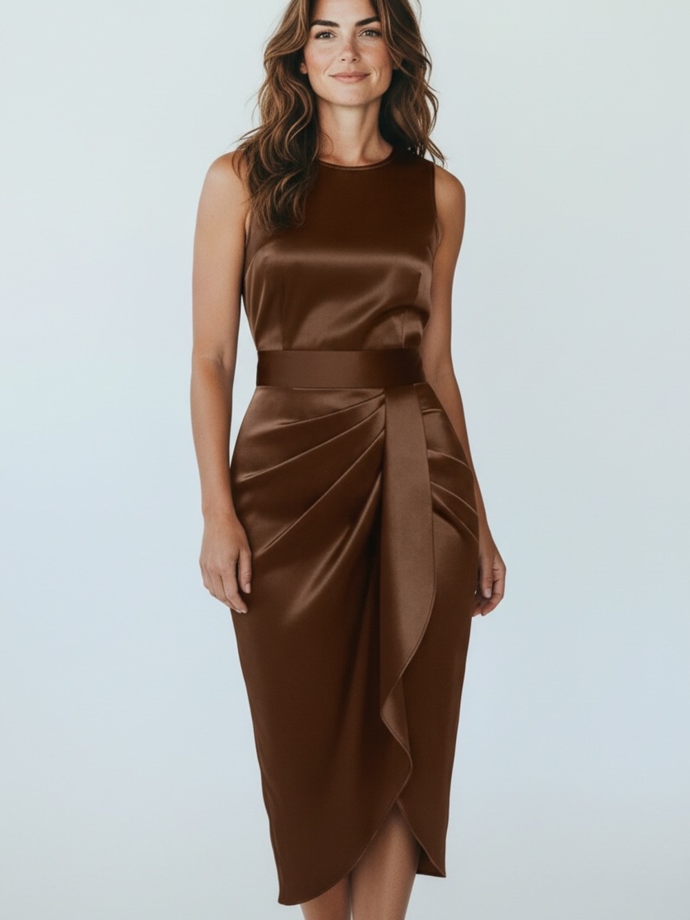 Satin Sleeveless Midi Dress with Draped Tulip Skirt in Brown